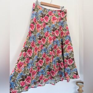 Floral Linen Blend A-Line Midi Skirt Sz 10 Boho Cottage Romantic Light Lined EUC